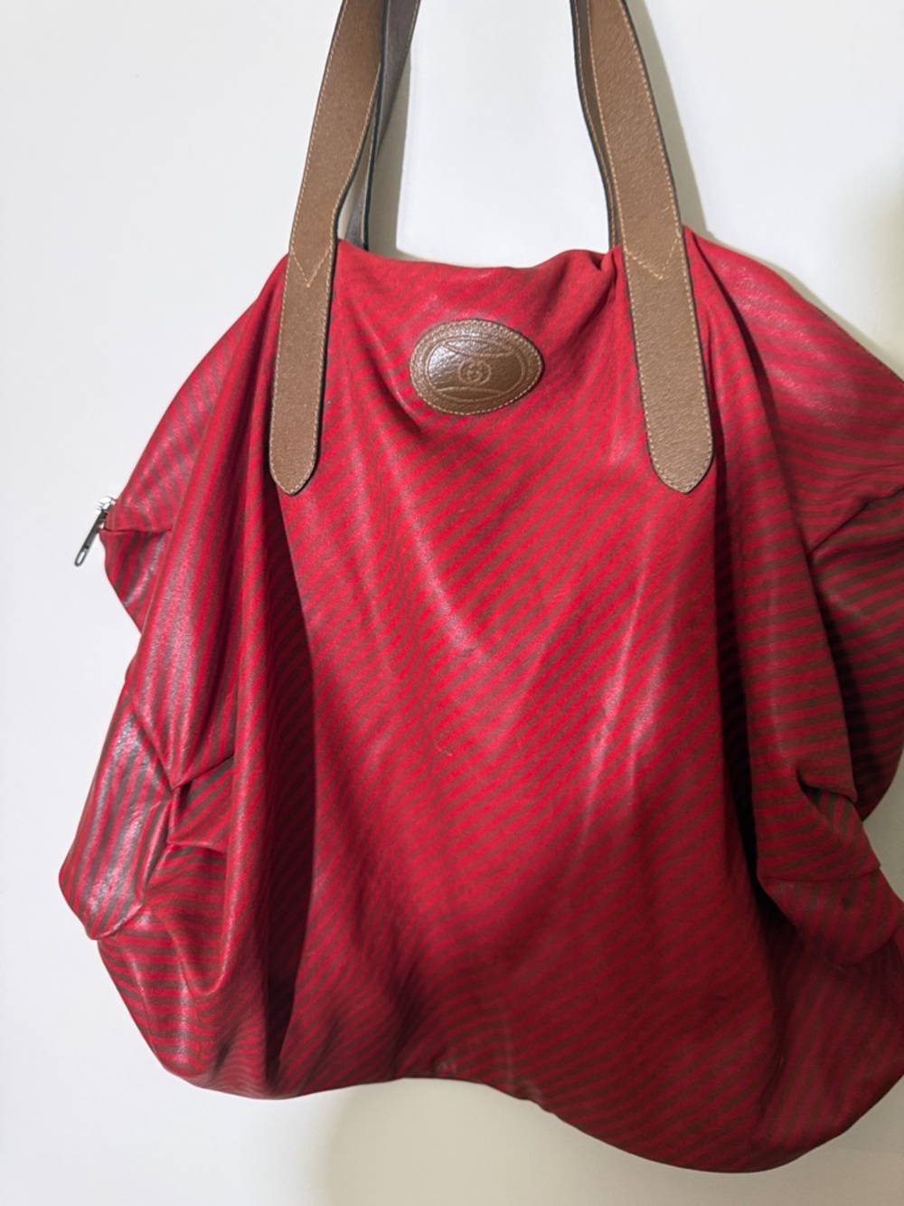 Gucci Red Striped Tote with Brown Leather Handles